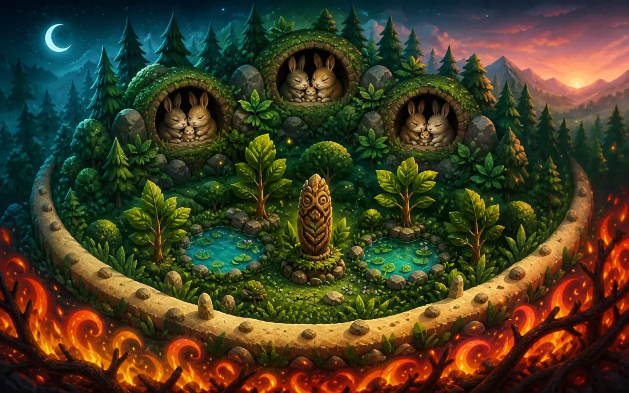 A moonlit grove protected by a curved firebreak and a glowing rainkeeper.